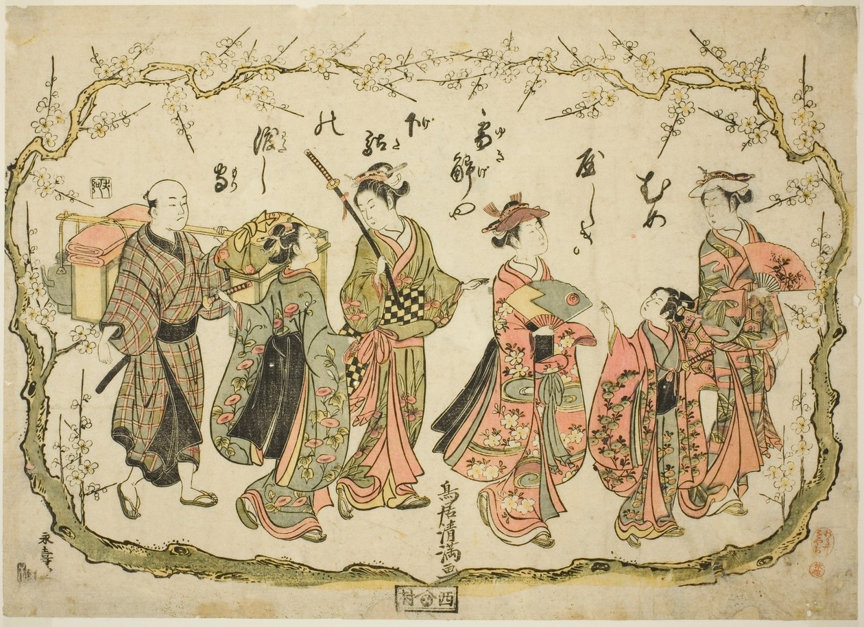 Feest op weg om pruimenbloesems te bekijken door Torii Kiyomitsu I