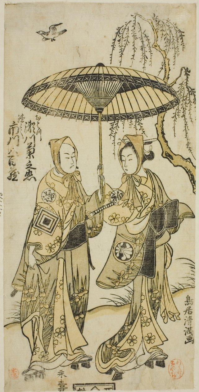 De acteurs Segawa Kikunojo II als Ohatsu en Ichikawa Yaozo II als haar minnaar Tokubei in het toneelstuk "Yoni Osaka Nitsui no Meoto," opgevoerd in het Ichimura Theater in de tweede maand, 1767 door Torii Kiyomitsu I