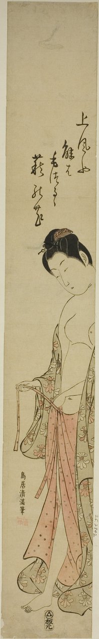 Vrouw kleedt zich aan na een bad door Torii Kiyomitsu I