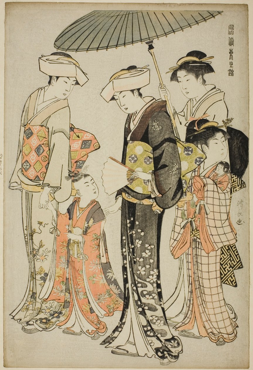 Een meisje en vier bedienden, uit de serie "Een brokaat van oosterse manieren (Fuzoku Azuma no nishiki)" door Torii Kiyonaga