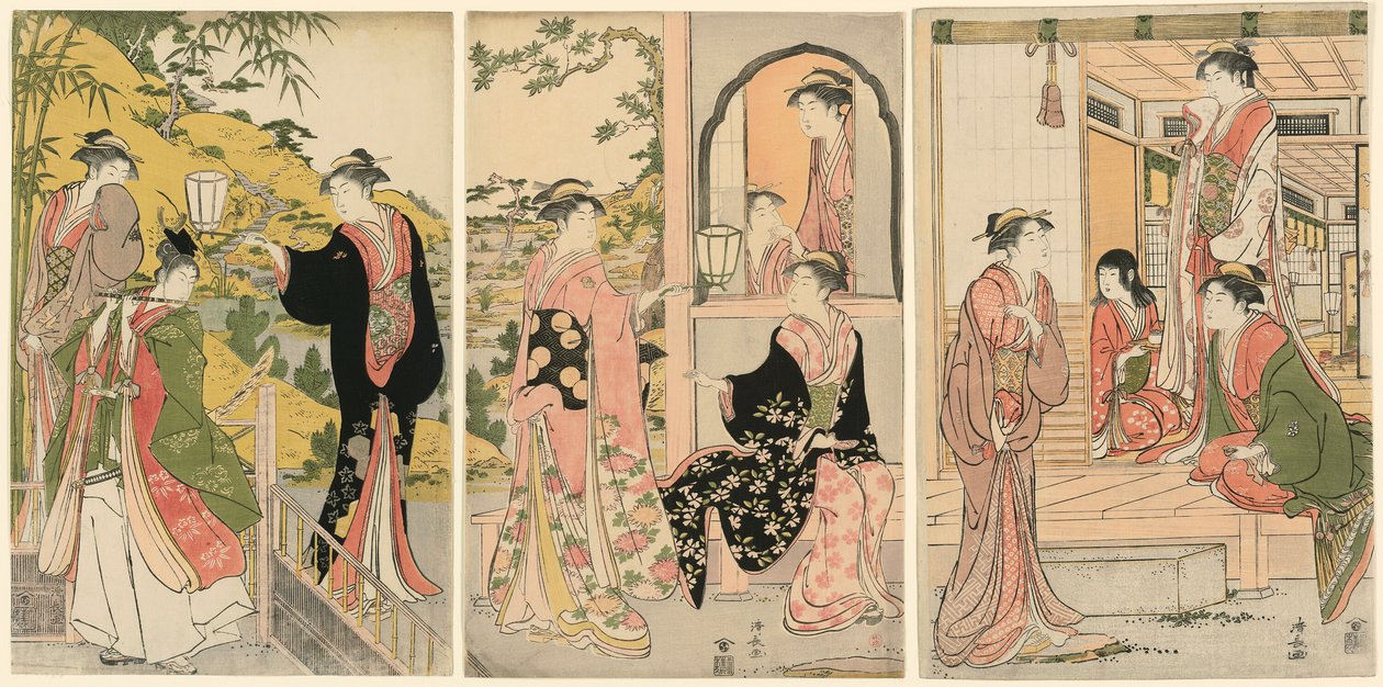 Een Moderne Versie van Ushiwakamaru die Prinses Joruri Sereneert door Torii Kiyonaga