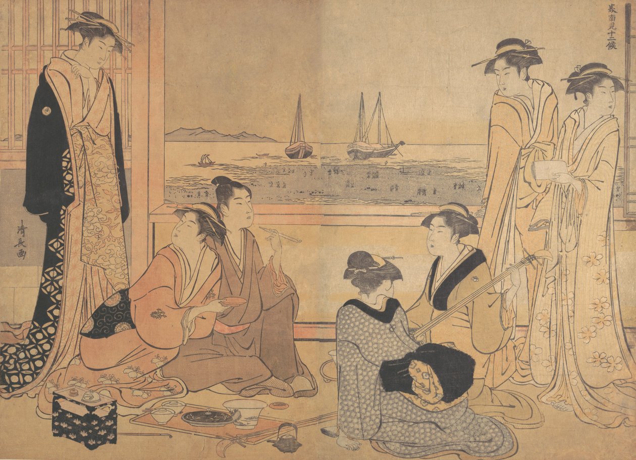 Een Feest van Vrolijke Mensen in een Theehuis in Shinagawa, ca. 1783 door Torii Kiyonaga