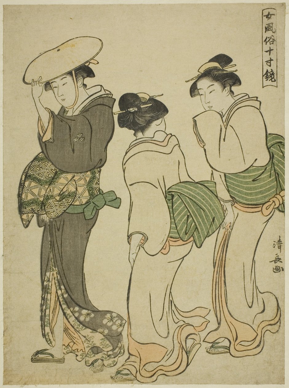 Een Vrouw en Twee Dienstmeiden, uit de serie "Een Spiegel van Vrouwelijke Manieren (Onna fuzoku masu kagami)" door Torii Kiyonaga