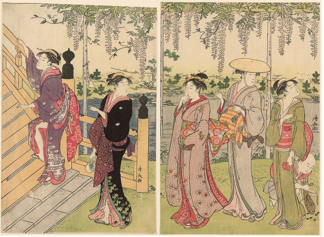 Bewondering van de blauwe regen bij het Kameido-heiligdom door Torii Kiyonaga