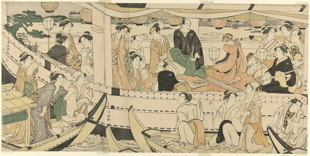 Een acteursbootfeest op de Sumida-rivier door Torii Kiyonaga