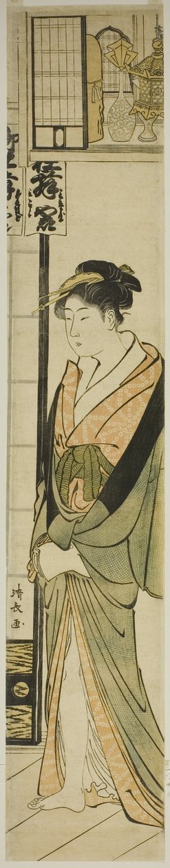 Courtisane Staand Onder een Plank voor Talismanen door Torii Kiyonaga
