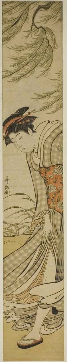 Courtisane wandelend onder een wilgenboom op een winderige dag door Torii Kiyonaga
