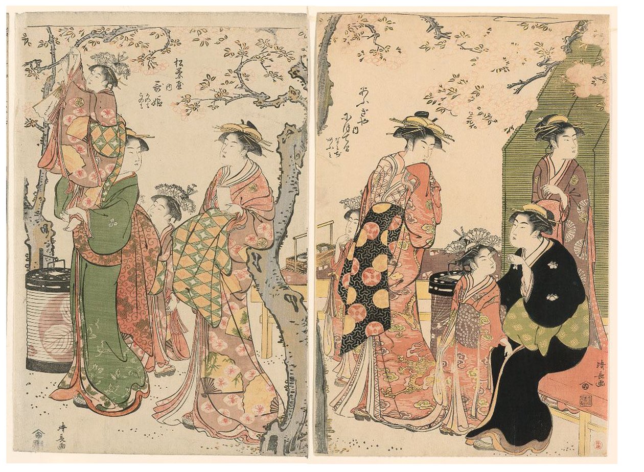 Courtisanes en hun Kinderen onder Bloeiende Kersenbomen door Torii Kiyonaga