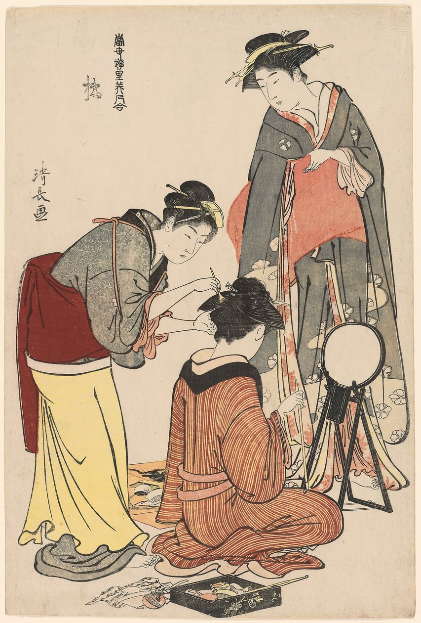 Entertainers van de Tachibana, uit de serie "Een verzameling hedendaagse schoonheden van de plezierwijken (Tosei yuri bijin awase)", c.1782 door Torii Kiyonaga