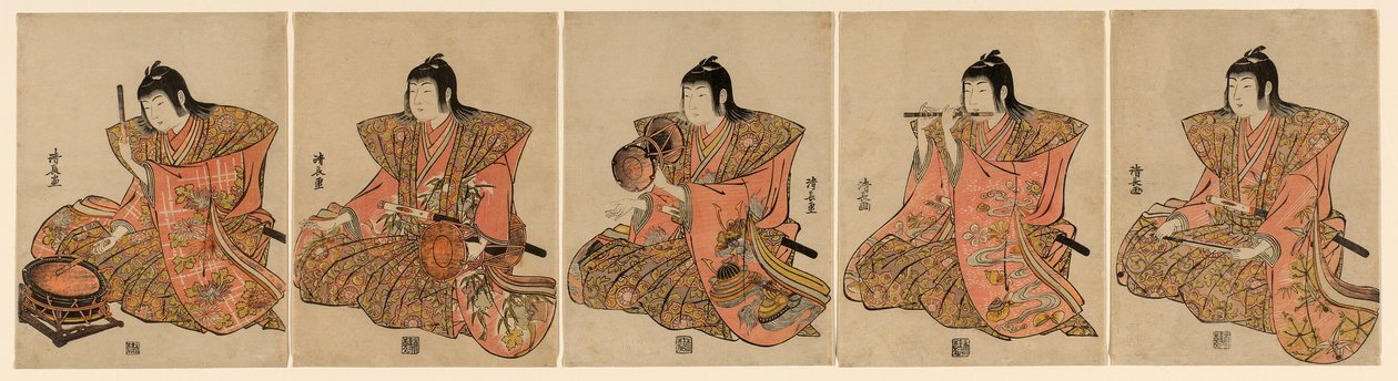 Vijf muzikanten (Gonin bayashi) door Torii Kiyonaga