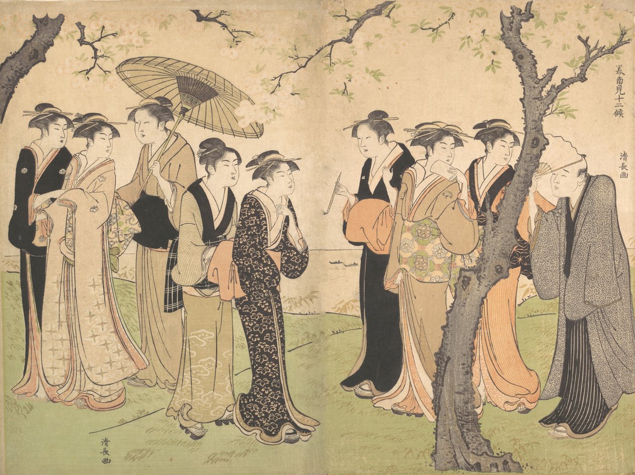 Groep van Zes Geisha Onder de Kersenbomen op Gotenyama, ca. 1785 door Torii Kiyonaga