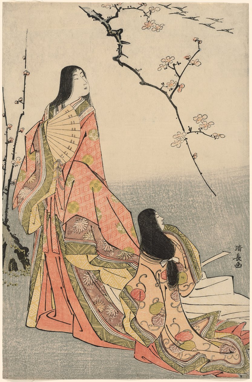 Ise kijkt naar een groep ganzen, uit een ongetitelde serie van hofdames door Torii Kiyonaga