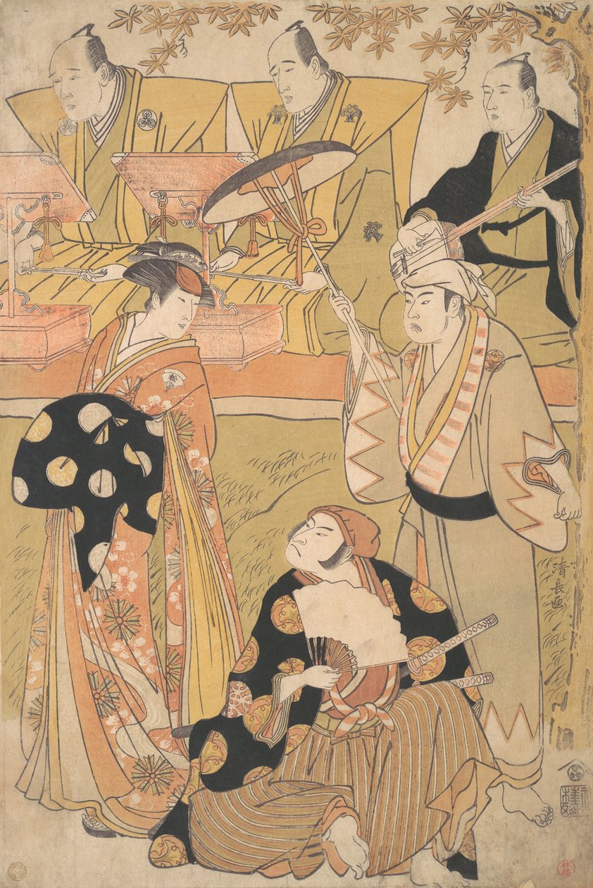 Onoe Matsusuke I als een Oiran staat links, pratend met Nakamura Nakazo I als een Sam... door Torii Kiyonaga
