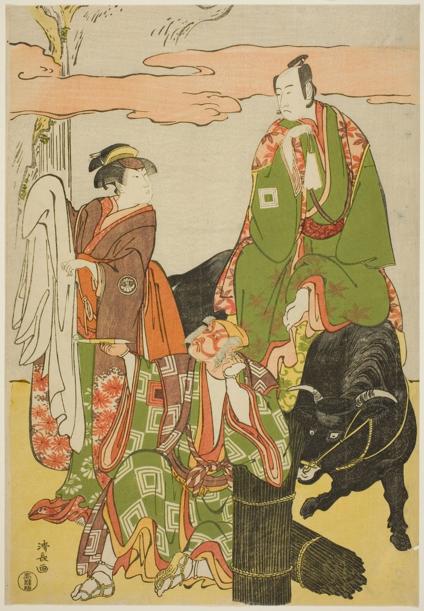 De Acteurs Ichikawa Monnosuke II als Miyukinosuke, Segawa Kikunojo III als Hatsune-hime, en Ichikawa Danjuro V als Ninnaji no Saibei, in de joruri "Shitenno Oe no Yamairi," uitgevoerd in het Kiri Theater in de elfde maand, 1785 door Torii Kiyonaga