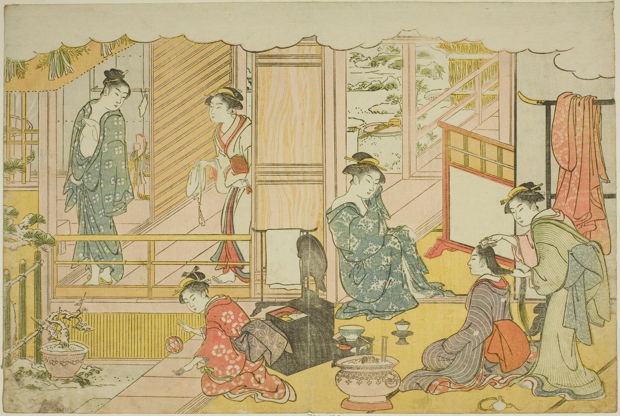 Het eerste bad van het nieuwe jaar (Yudono hajime), uit het geïllustreerde boek "Kleuren van de driedubbele dageraad (Saishiki mitsu no asa)" door Torii Kiyonaga