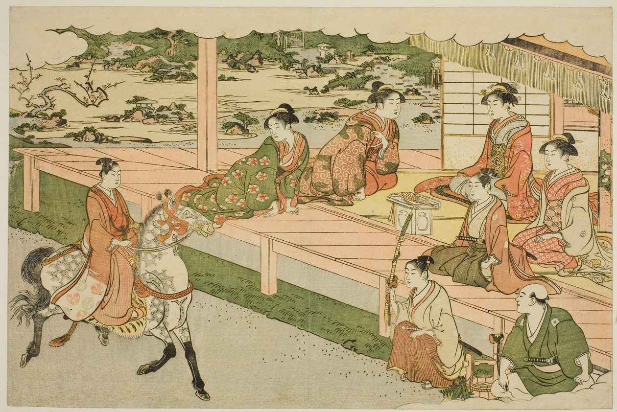 De Eerste Paardrijtocht van het Nieuwe Jaar (Uma norizome), uit het geïllustreerde boek "Kleuren van de Drievoudige Dageraad (Saishiki mitsu no asa)" door Torii Kiyonaga