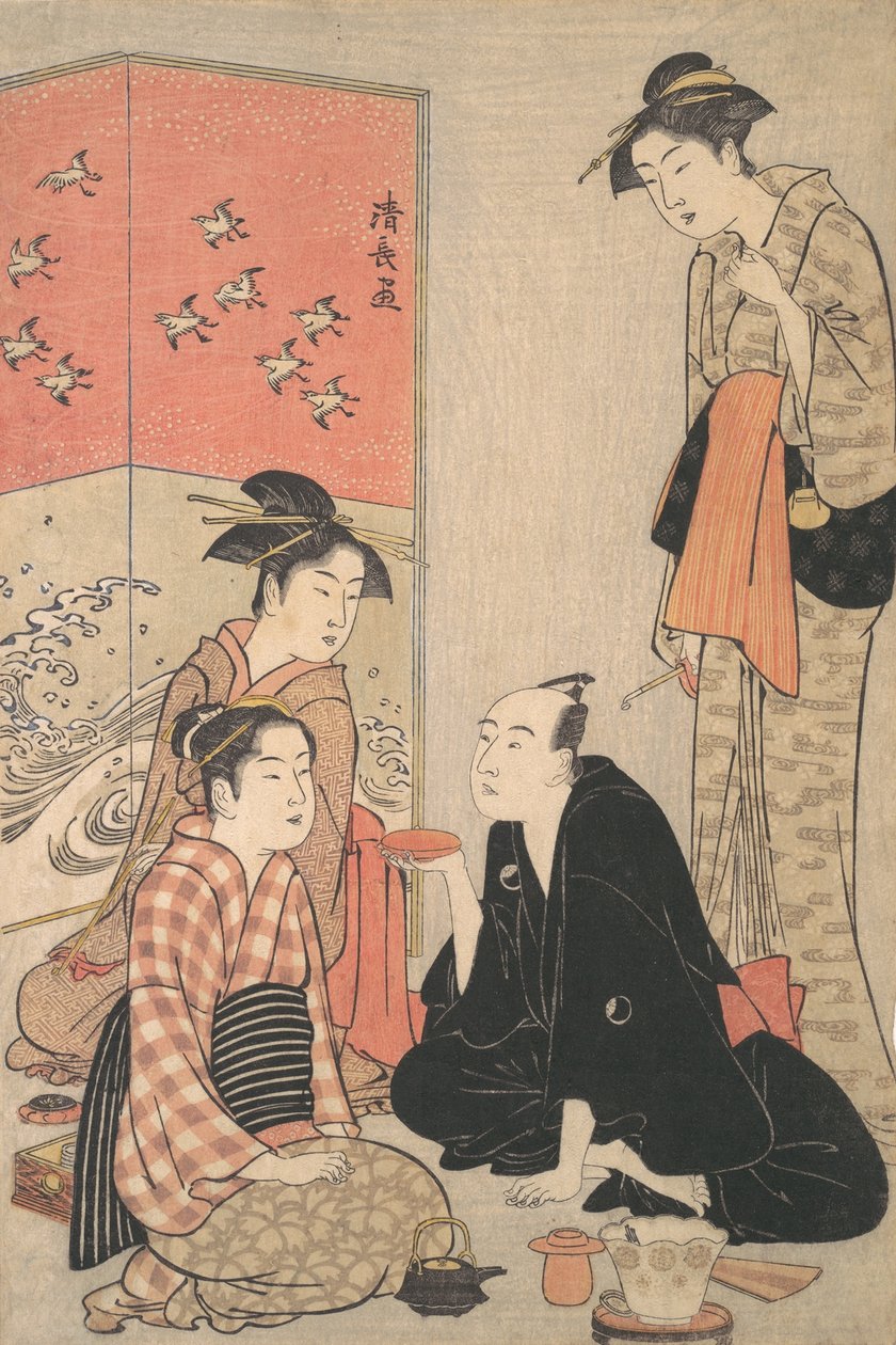 De Kabuki-acteur Sawamura Sojuro III en courtisanes door Torii Kiyonaga