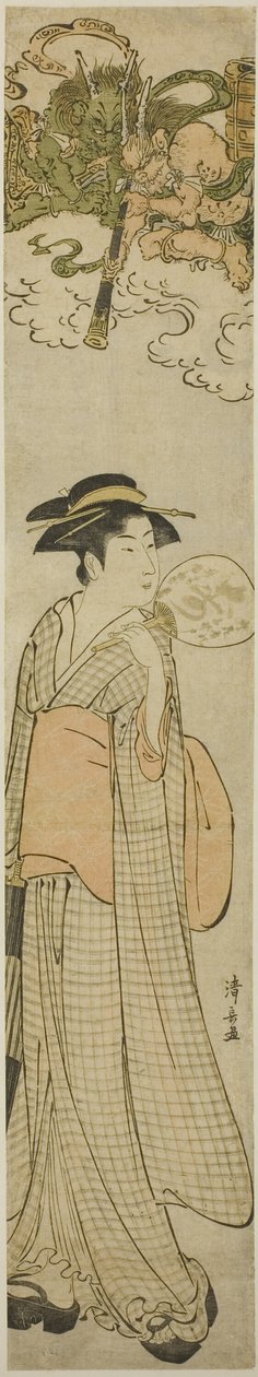 Dondergoden die naar een schoonheid gluren door een telescoop door Torii Kiyonaga