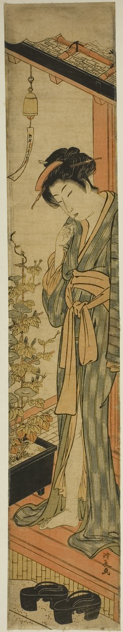 Vrouw bewondert ochtendglorieën terwijl ze haar tanden poetst door Torii Kiyonaga