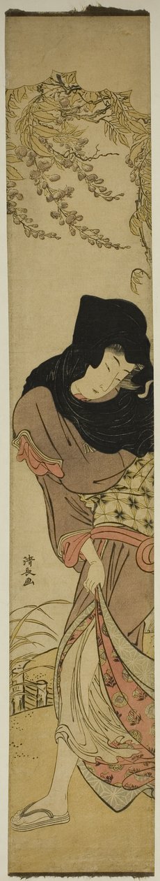 Vrouw onder Windgeblazen Wisteria door Torii Kiyonaga