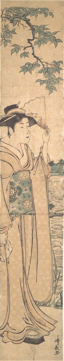 Vrouw met Waaier aan de Oever van de Sumida-rivier door Torii Kiyonaga