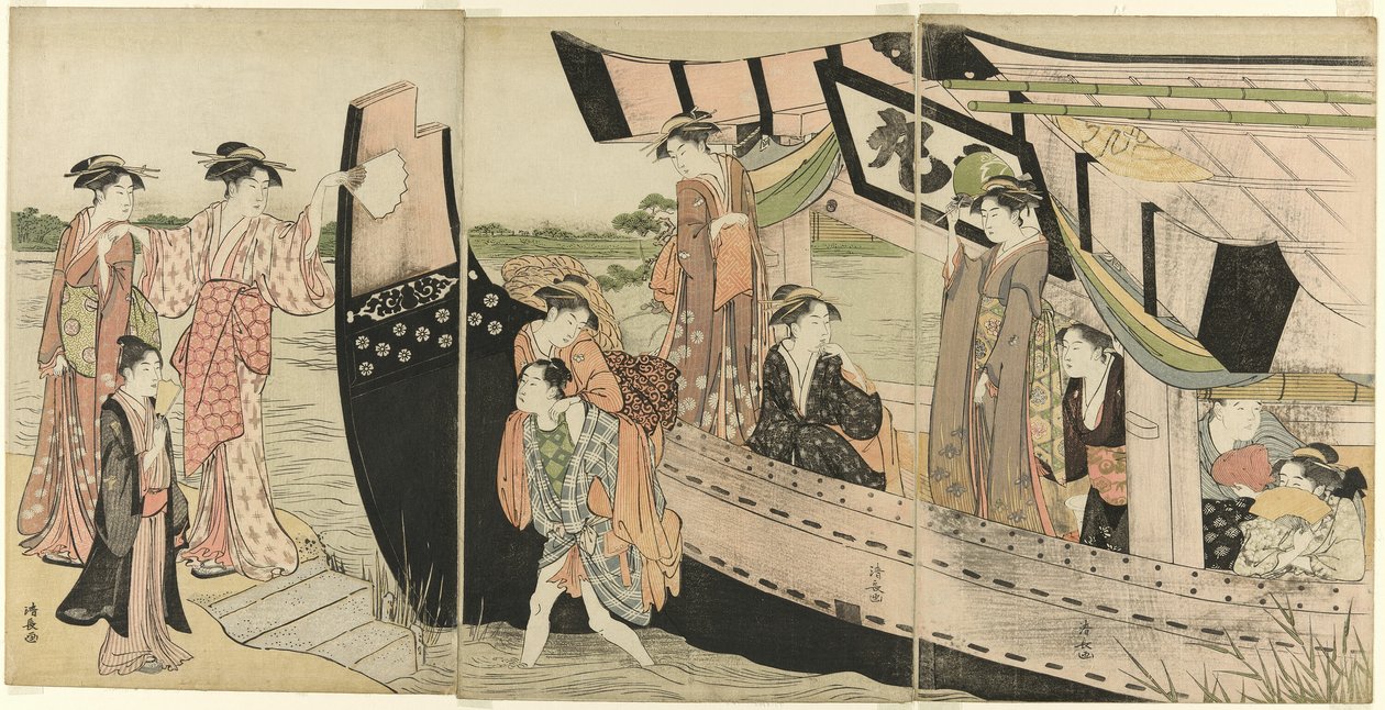 Vrouwen die aan Land Komen van een Pleziervaartuig op de Sumida Rivier door Torii Kiyonaga