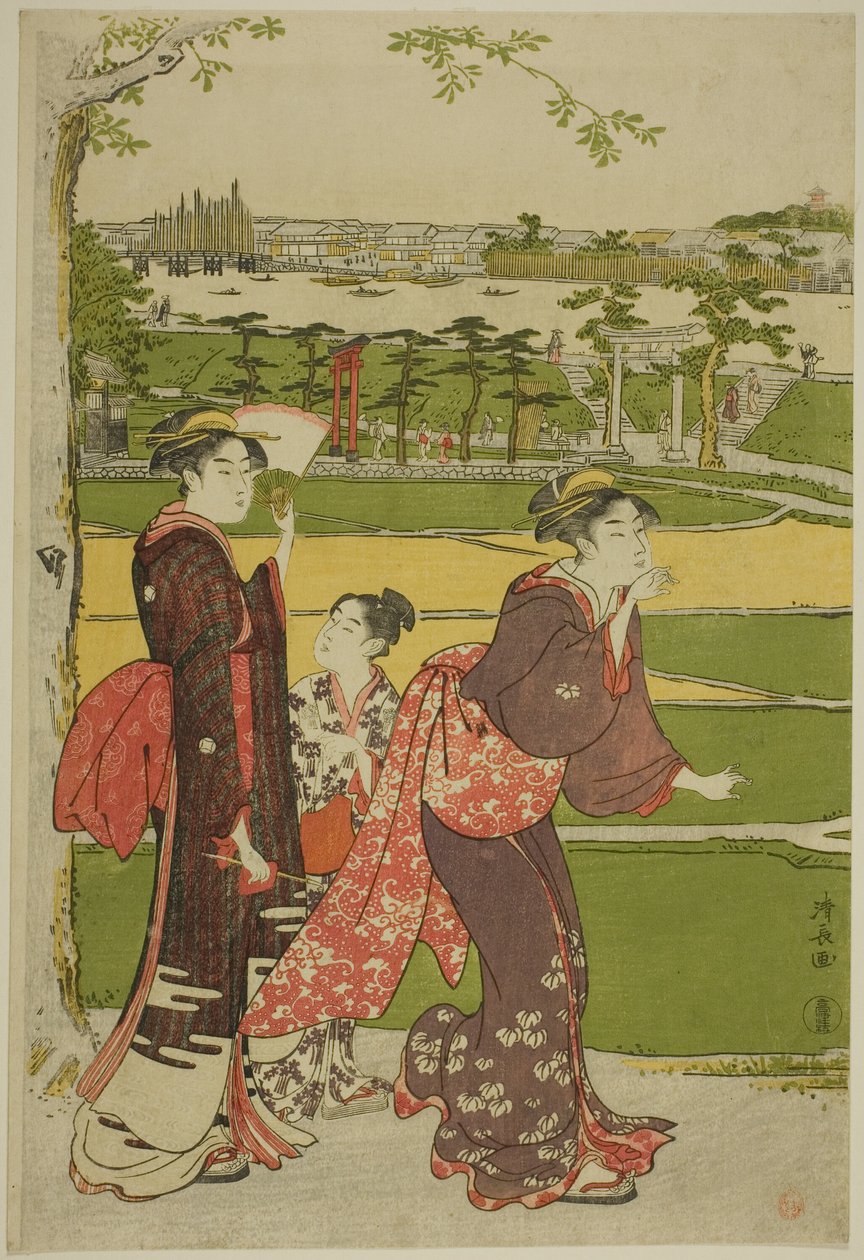 Vrouwen die het Mimeguri-heiligdom bezoeken door Torii Kiyonaga