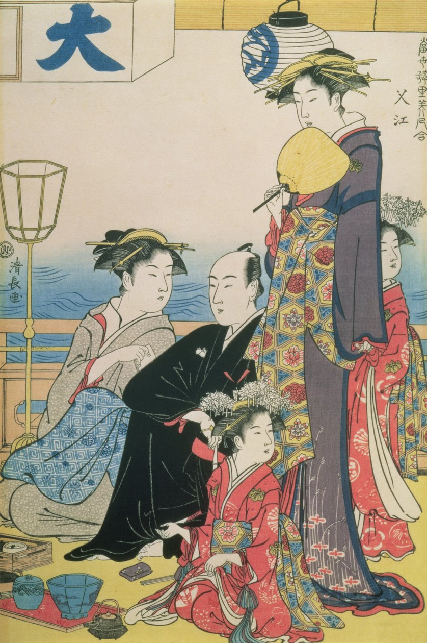 Vrouwen van de Gay Quarters, rechter paneel van een tweeluik (kleur houtsnede) door Torii Kiyonaga