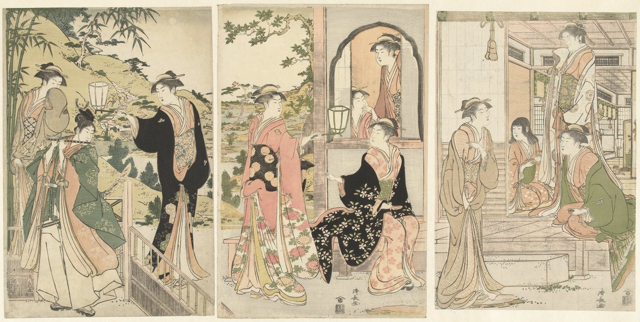 Yoshitsune brengt een serenade aan Joruri hime door Torii Kiyonaga
