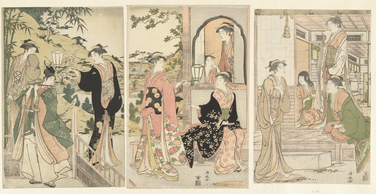 Yoshitsune brengt een serenade aan Joruri hime door Torii Kiyonaga