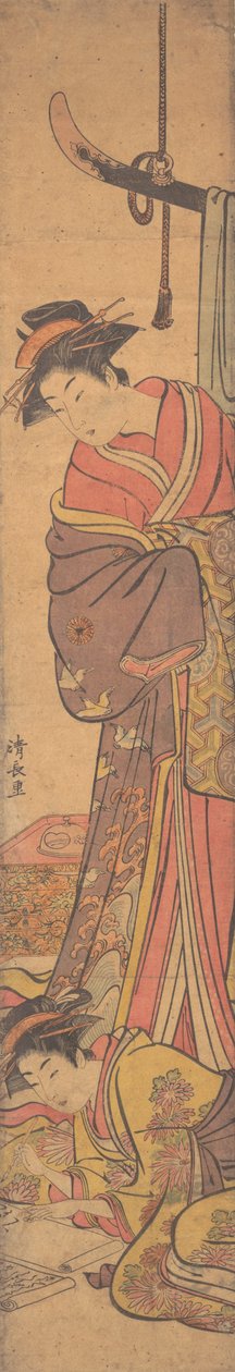 Jonge Vrouw die over de Schouder van een Ander Kijkt die een Brief Schrijft door Torii Kiyonaga