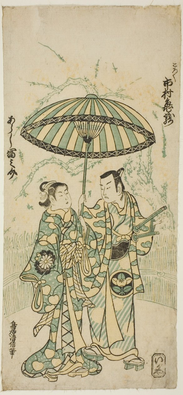 De acteurs Ichimura Kamezo I als Kanto Koroku en Arashi Tominosuke I als Hayasaki in het stuk "Hokazo Yunzei Hachinoki," uitgevoerd in het Ichimura Theater in de elfde maand, 1748 door Torii Kiyonobu II