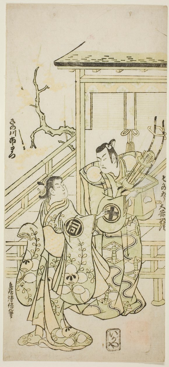 De acteurs Otani Oniji I als Soga no Goro en Sanogawa Ichimatsu I als de zus van Yoshinaka in het stuk "Fuji no Yuki Mitsugi Soga," opgevoerd in het Nakamura Theater in de eerste maand, 1746 door Torii Kiyonobu II