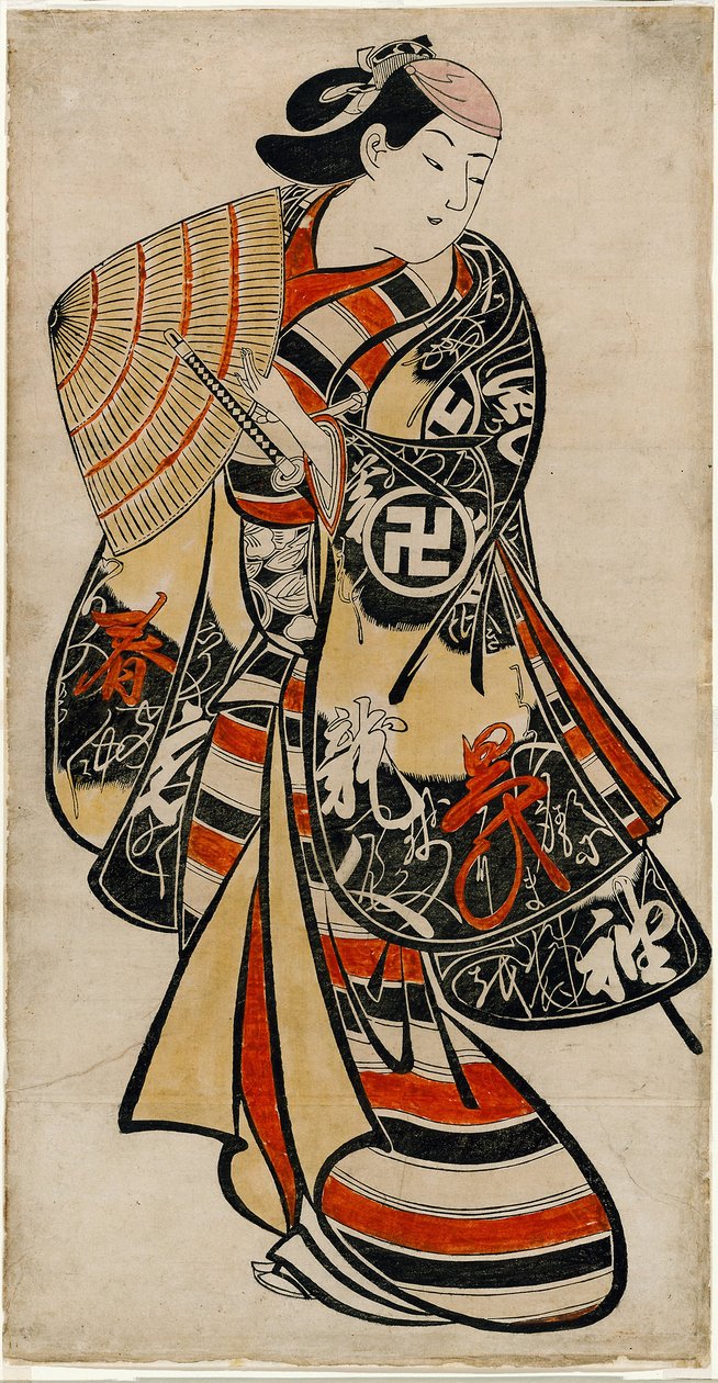 De acteur Takii Hannosuke als verwijfde jongeling, ca. 1707 (handgekleurde houtsnede; tan-e, verticale o-oban) door Torii Kiyonobu I