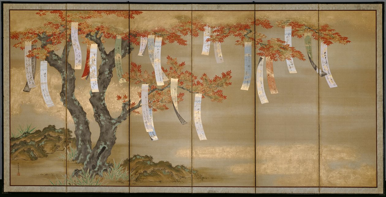 Herfstesdoorns met gedichtstroken door Tosa Mitsuoki