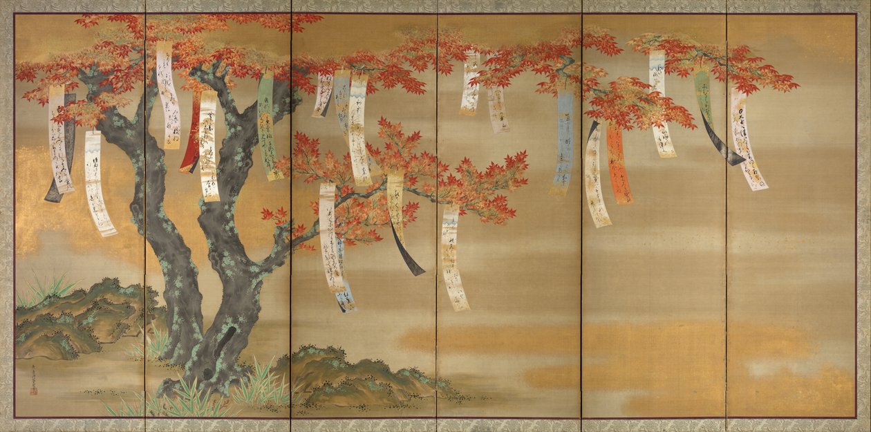 Bloeiende kers en herfstesdoorns met gedichtstroken, 1654-81 door Tosa Mitsuoki