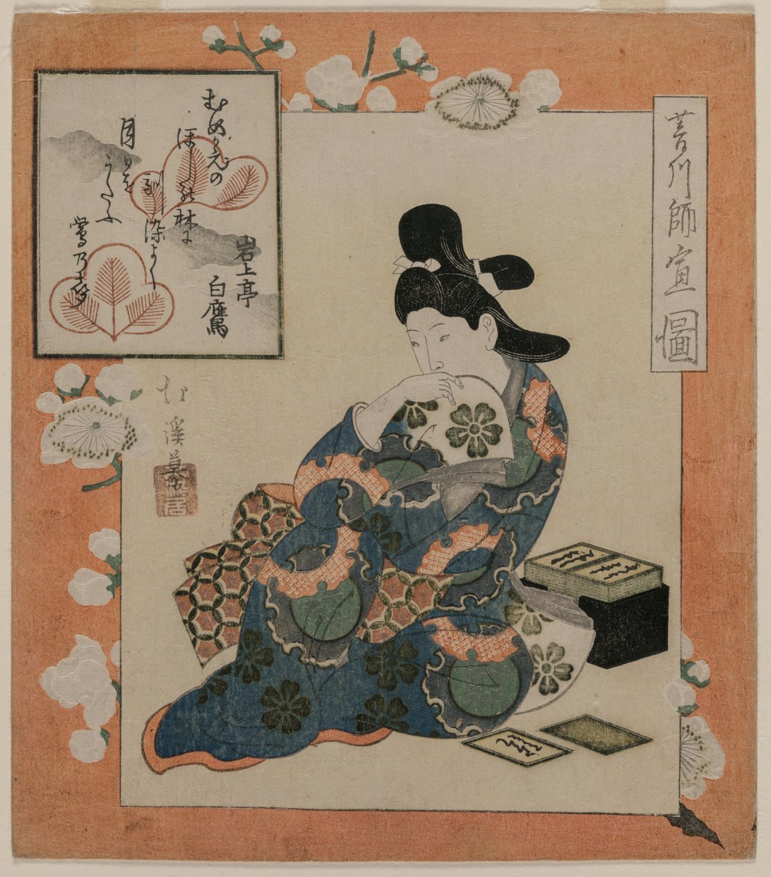 Een prent van Hishikawa Moronobu: Vrouw met een set gedichtenkaarten door Totoya Hokkei