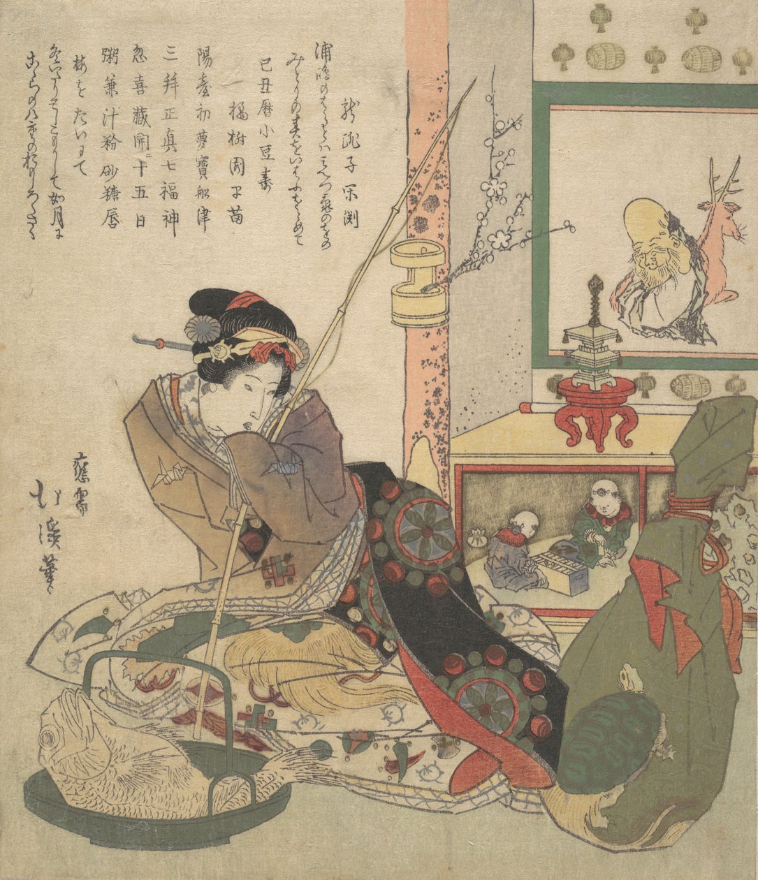 Bijin Urashima en de zeven gelukswezens Shichi-fuku-jin door Totoya Hokkei