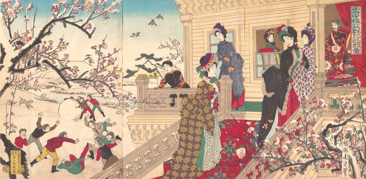 Kinderen Spelen in de Sneeuw onder Bloeiende Pruimenbomen, 1887 door Toyohara Chikanobu