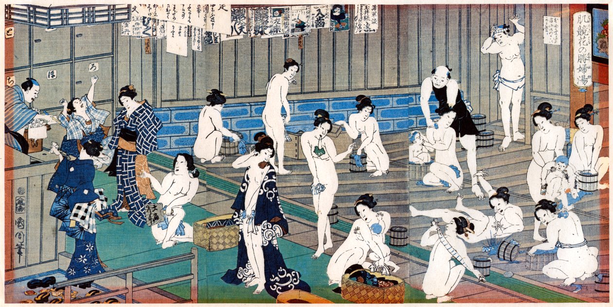 Badhuisscène, een prent van Toyohara Kunichika, 19e eeuw door Toyohara Kunichika