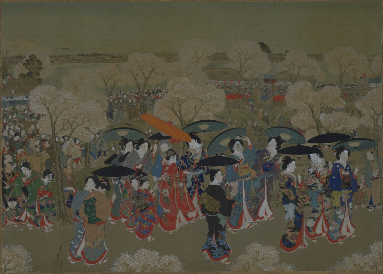 Schoonheden bekijken kersenbloesems aan de Sumida-rivier door Toyohara Kunichika