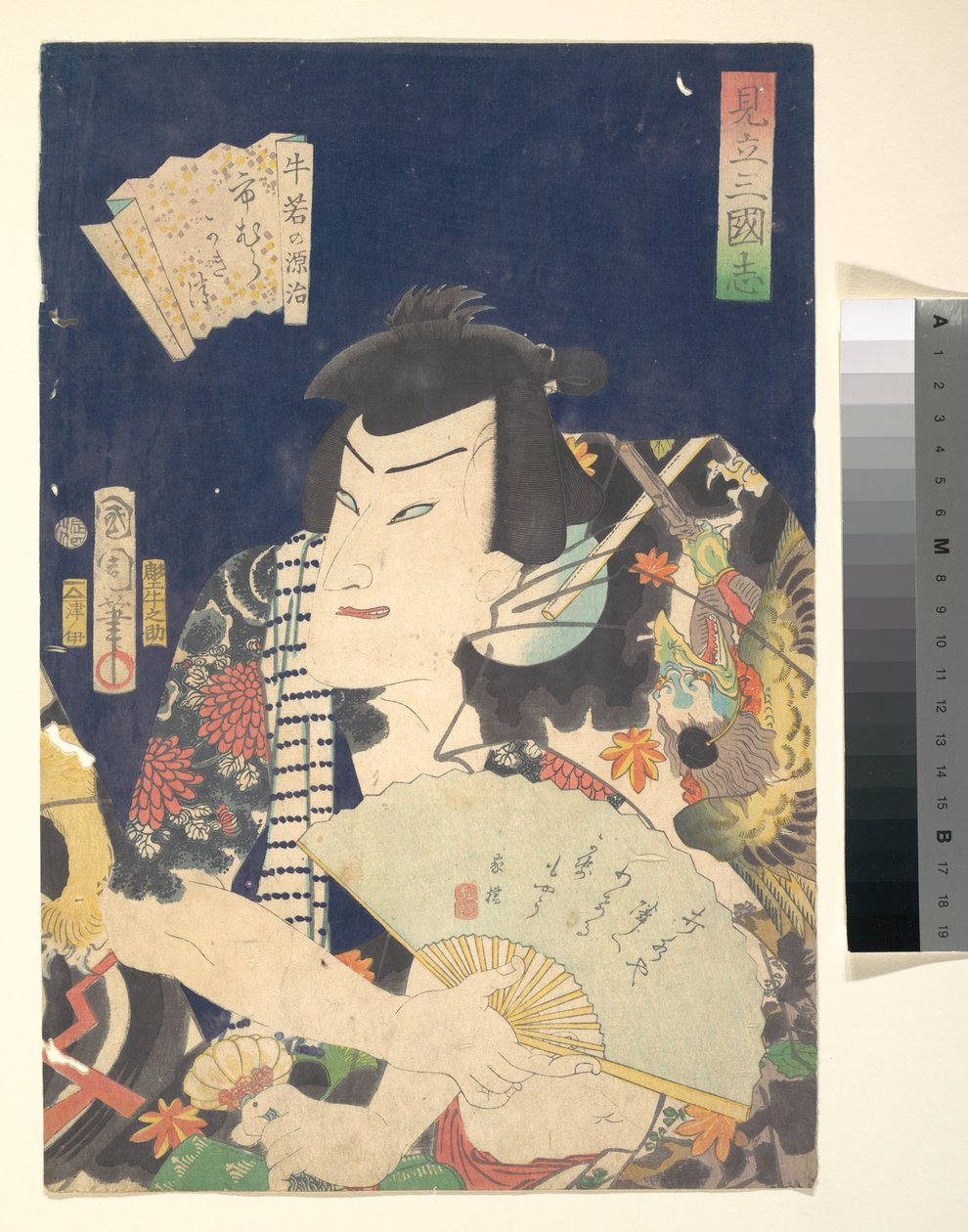 Ichimura Kakitsu IV als Ushiwaka no Genji im Kabuki-Stück Eine Parodie der Romanze der Drei Königreiche door Toyohara Kunichika