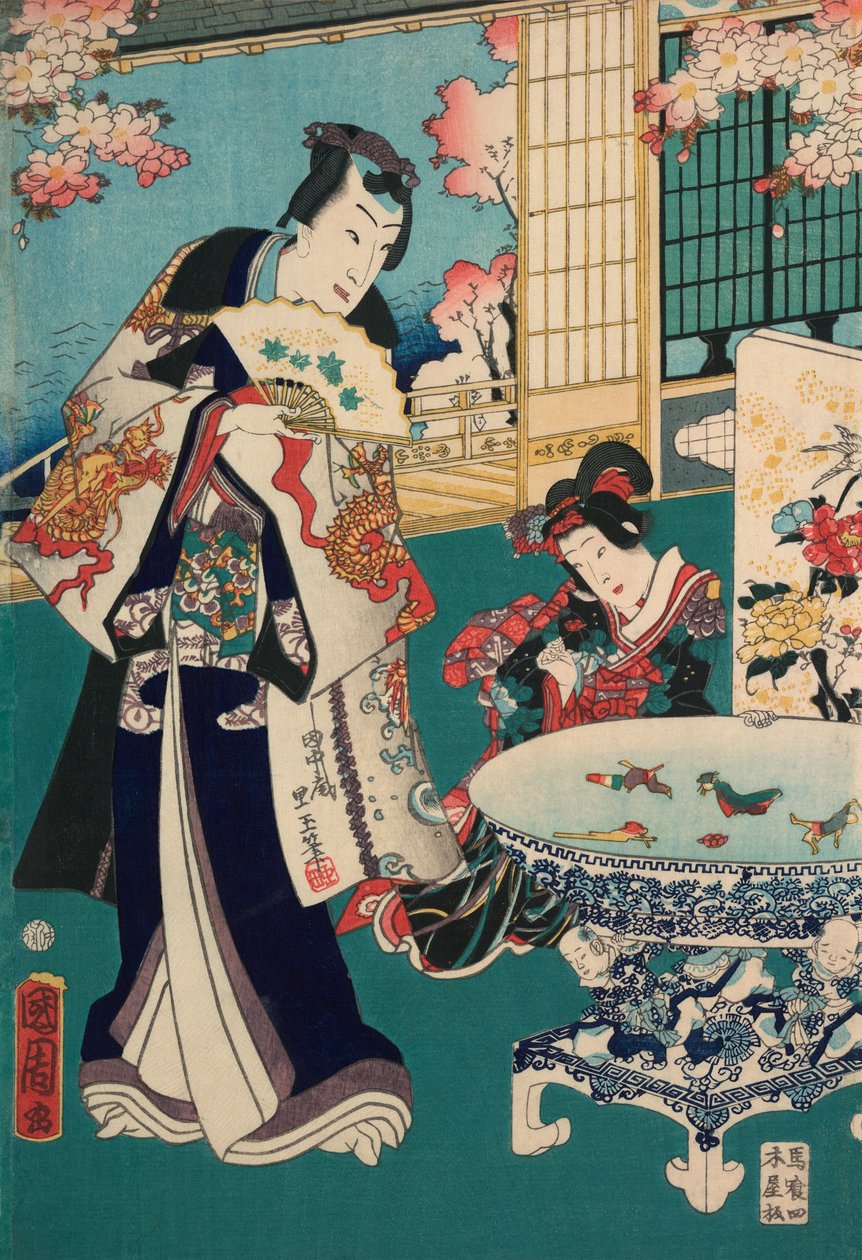 Lente-uitje in een Villa Diptiek: Man in Interieur door Toyohara Kunichika