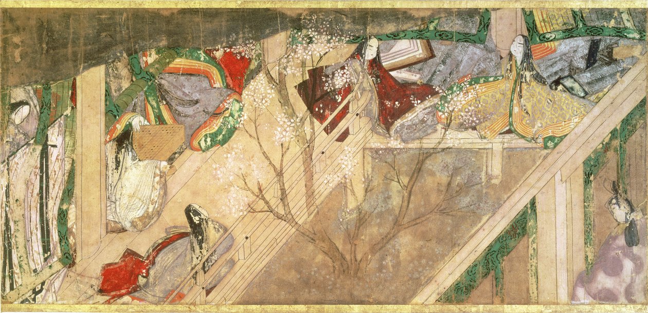 Het Verhaal van Genji (Genji Monogatari) 10e-eeuwse roman over het romantische leven van Prins Genji, illustratie door Hikokuni Tokugawa II (fl.1821-24), pub. 19e eeuw door Toyokawa Hikokuni
