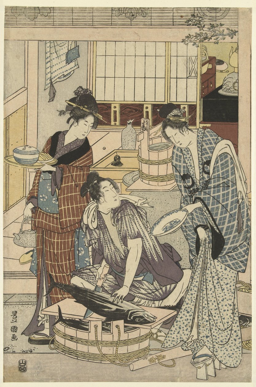 Visverkoper door Toyokuni (II) , Utagawa