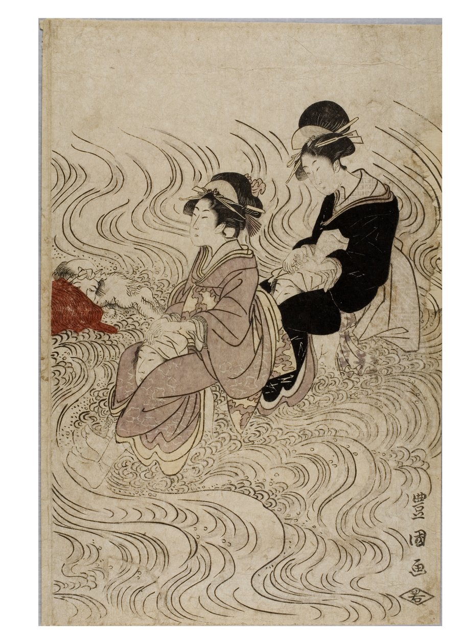 Feest van courtisanes die een door golven geteisterde rivier doorwaden door Toyokuni Utagawa