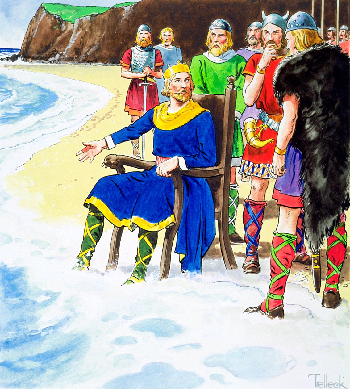 Koning Canute die er niet in slaagt de golven tegen te houden door Trelleek