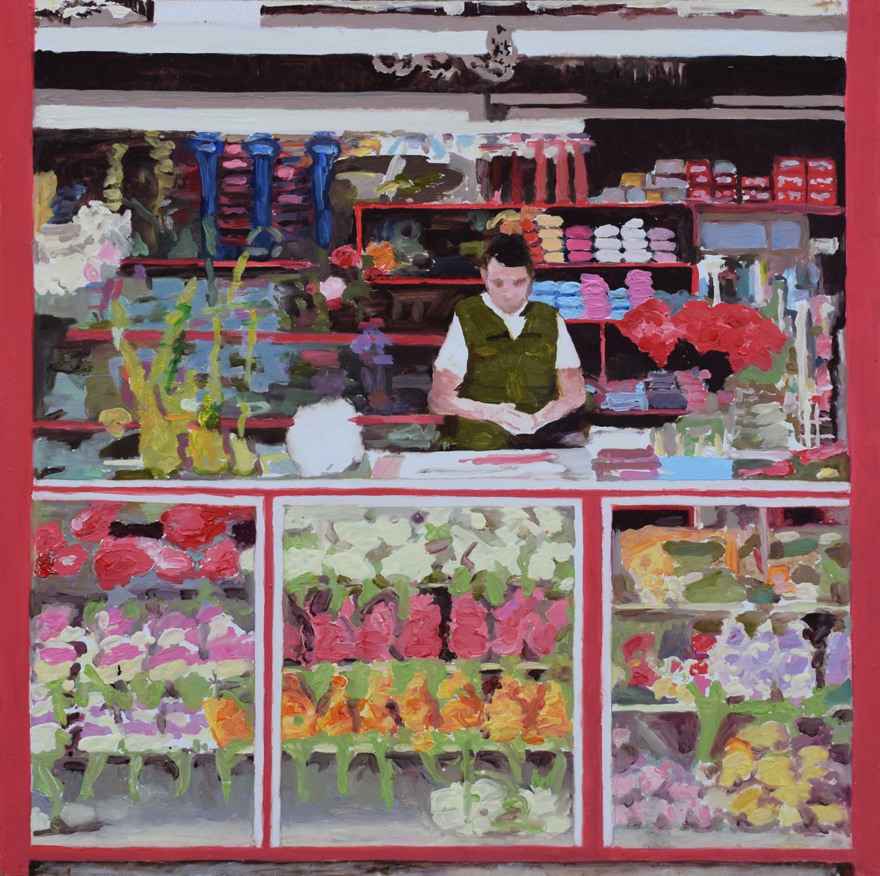 Bloemenkraam (Bogotá, Colombia), 2016 (olieverf op board) door Trevor Burgess
