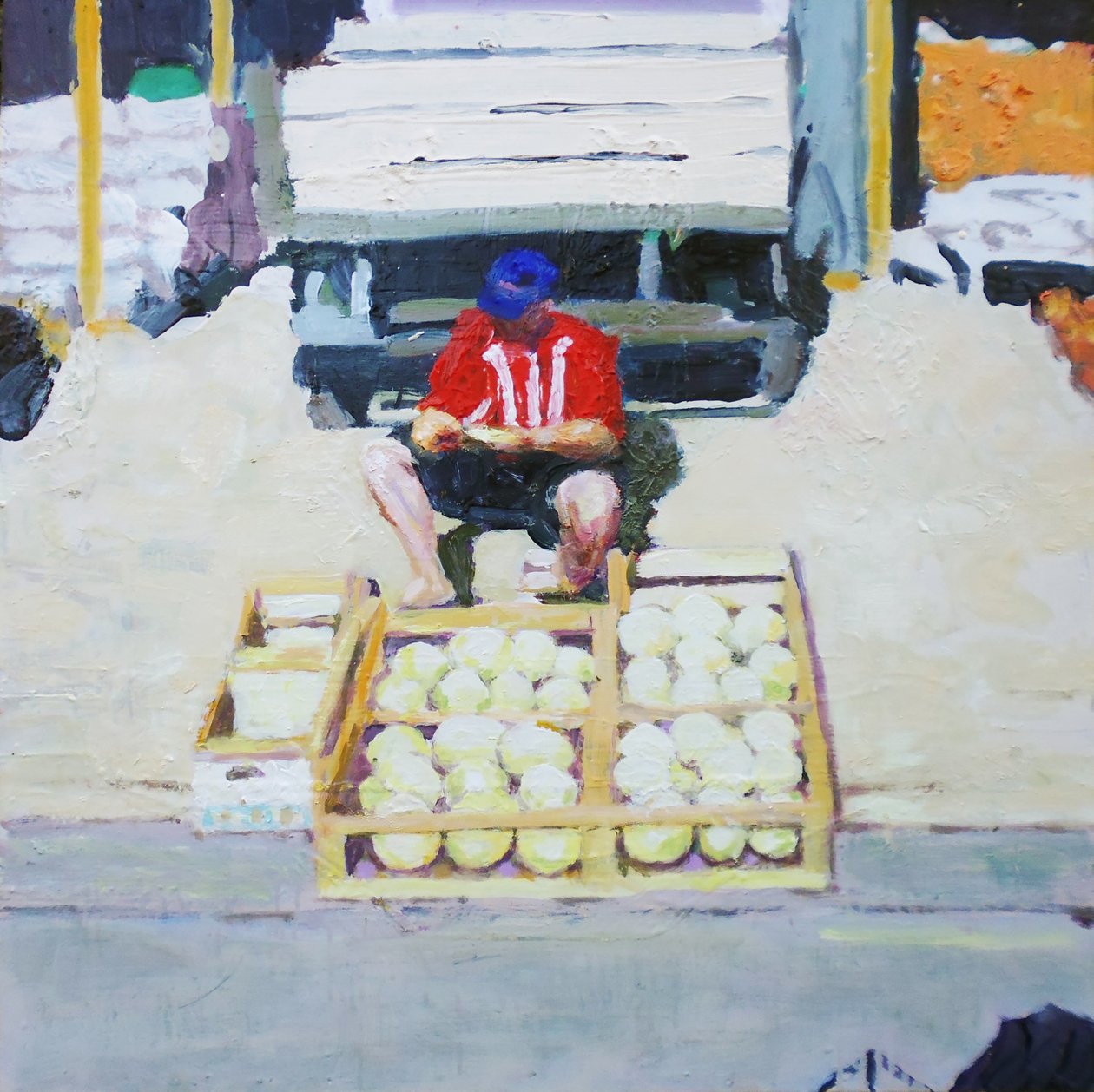 Man verkoopt meloenen (San Juan, Argentinië), 2014 (olieverf op board) door Trevor Burgess