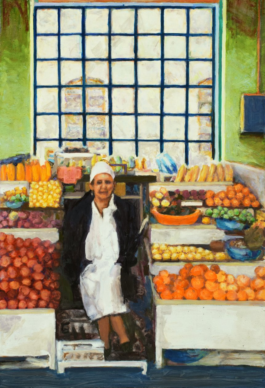 Marktkraam (Quito, Ecuador), 2015 (olieverf op board) door Trevor Burgess